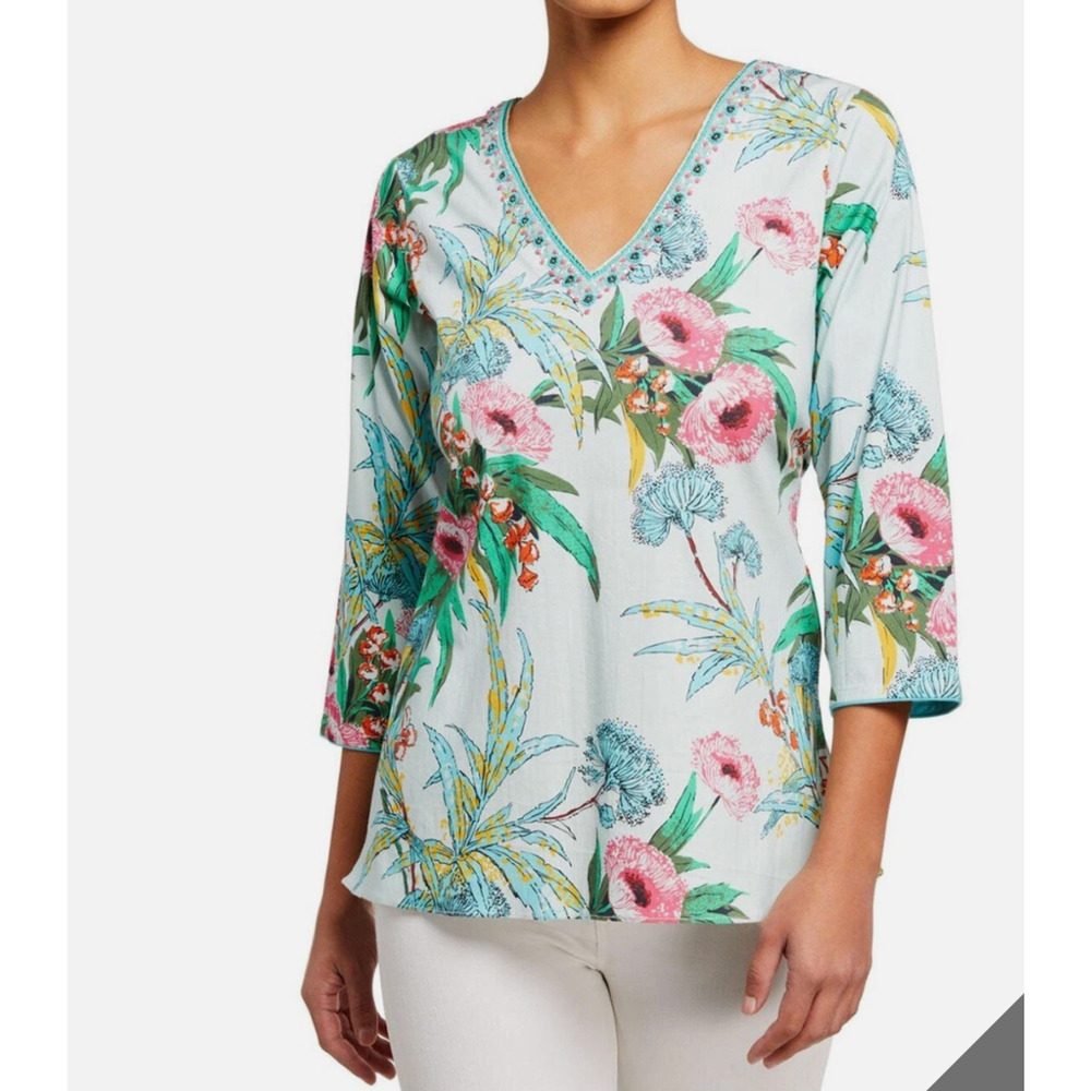 Bella Tu Womens S Tunic 3/4 Sleeve Stetch Cotton Coastal Top Shirt VNeck Beaded
